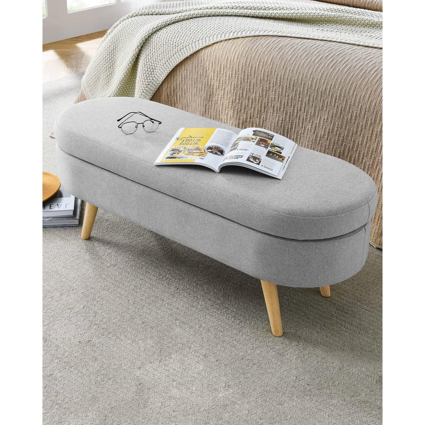 Banco de almacenamiento de lino gris para dormitorio, estilo bohemio moderno de mediados de siglo
