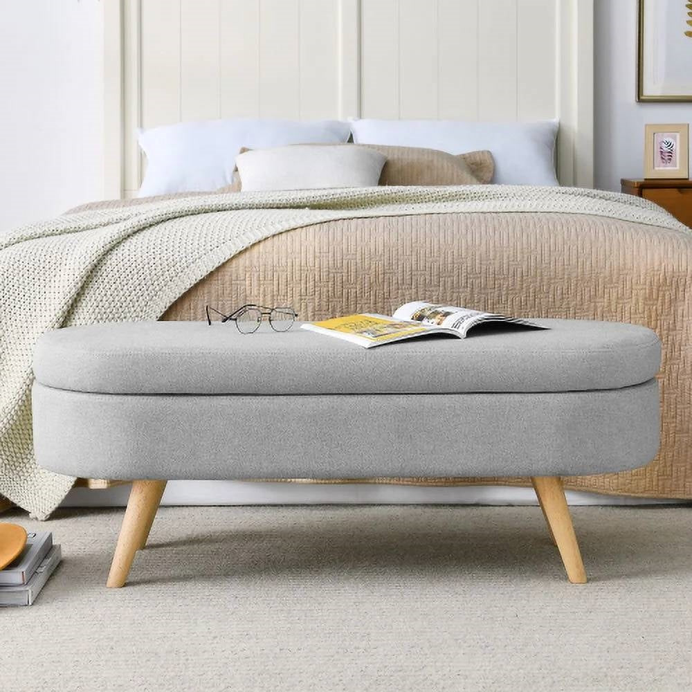 Banco de almacenamiento de lino gris para dormitorio, estilo bohemio moderno de mediados de siglo