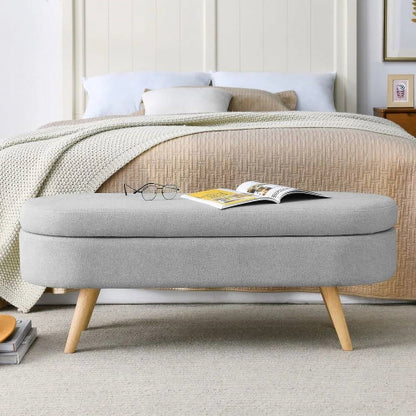 Banco de almacenamiento de lino gris para dormitorio, estilo bohemio moderno de mediados de siglo