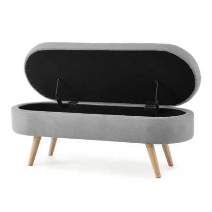 Banco de almacenamiento de lino gris para dormitorio, estilo bohemio moderno de mediados de siglo