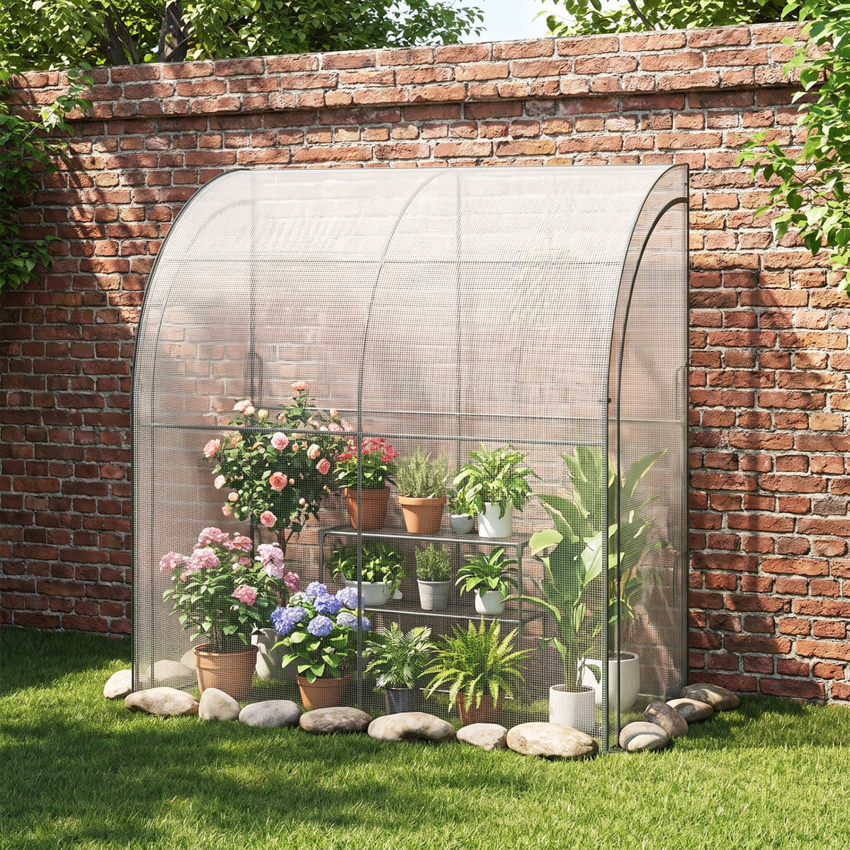 DirectDeals lean-to greenhouse with flower rack, metal frame and mesh panels beside a brick wall on Tampa Home & Garden Store