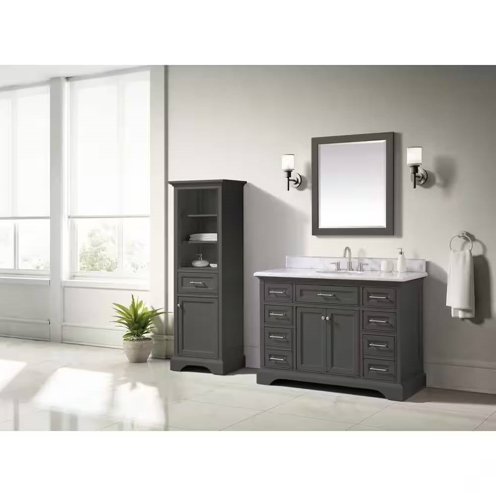 Espejo de baño de pared de 32 x 28 pulgadas con marco de madera maciza gris