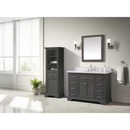 Espejo de baño de pared de 32 x 28 pulgadas con marco de madera maciza gris