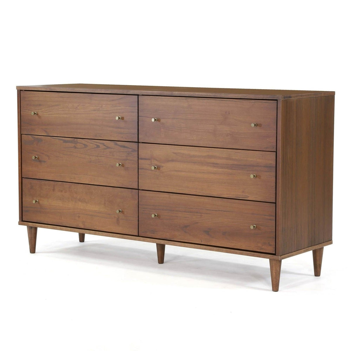 Farmhouse Rustic Walnut Mid Century 6-Drawer Dresser with brass knobs and tapered legs on Tampa Home & Garden Store