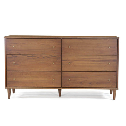 Farmhouse Rustic Walnut Mid Century 6-Drawer Dresser by HomePacific, brass knobs on Tampa Home & Garden Store