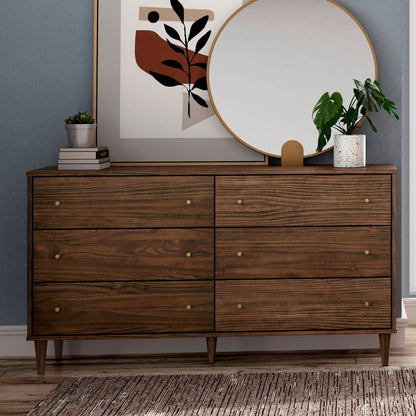 Farmhouse Rustic Walnut Mid Century 6-Drawer Dresser with brass knobs, HomePacific on Tampa Home & Garden Store