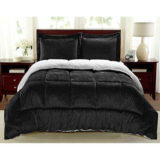 Twin Size 2 Piece Ultra Soft Sherpa Wrinkle Resistant Comforter Set in Black - Tampa Home & Garden Store