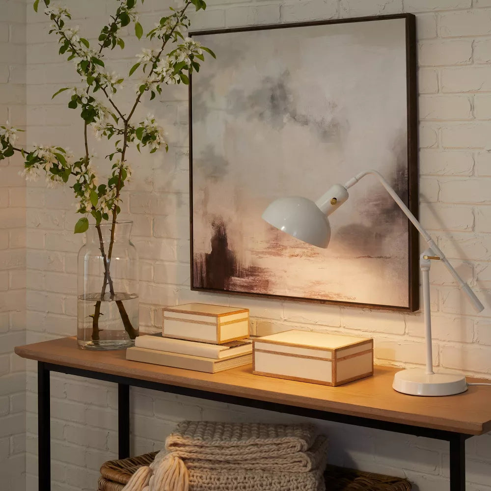 Cantilever Task Table Lamp white with adjustable arm, LED bulb included on a wooden desk on Tampa Home & Garden Store