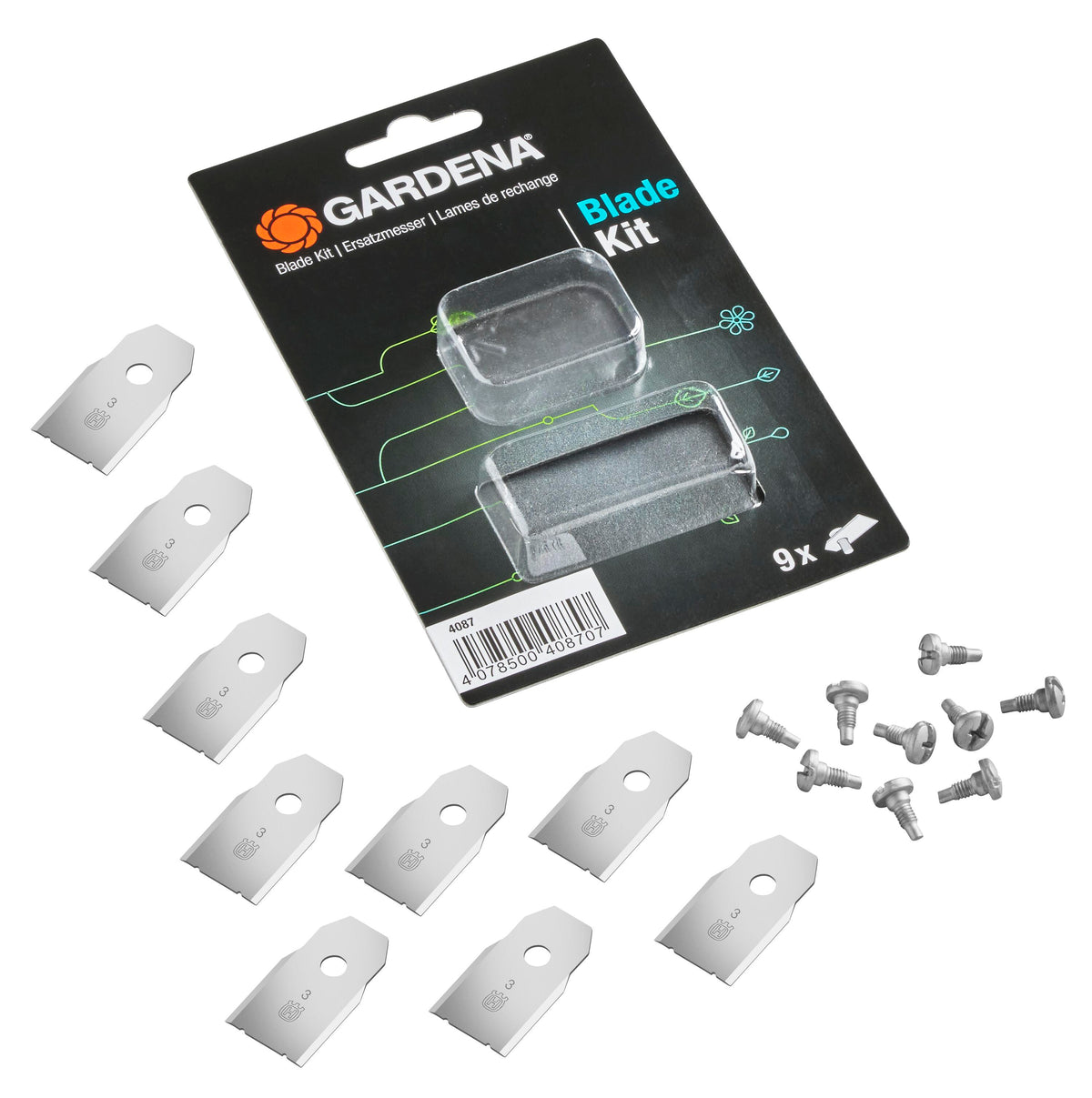 Blade Kit by Gardena for lawn mower blades, 9 metal blades with screws on Tampa Home & Garden Store