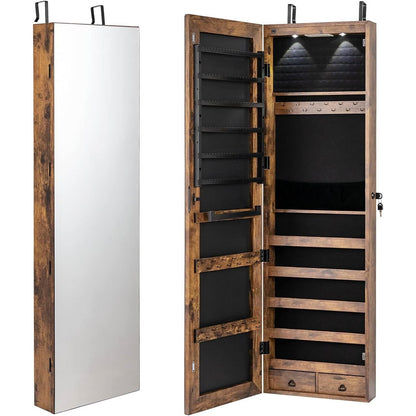 Joyero de pared/colgante 2 en 1 con espejo de cuerpo entero y acabado de madera marrón