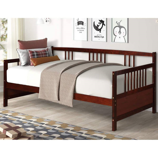 Twin size 2-in-1 Wood Daybed Frame Sofa Bed in Brown Cherry Finish - Tampa Home & Garden Store