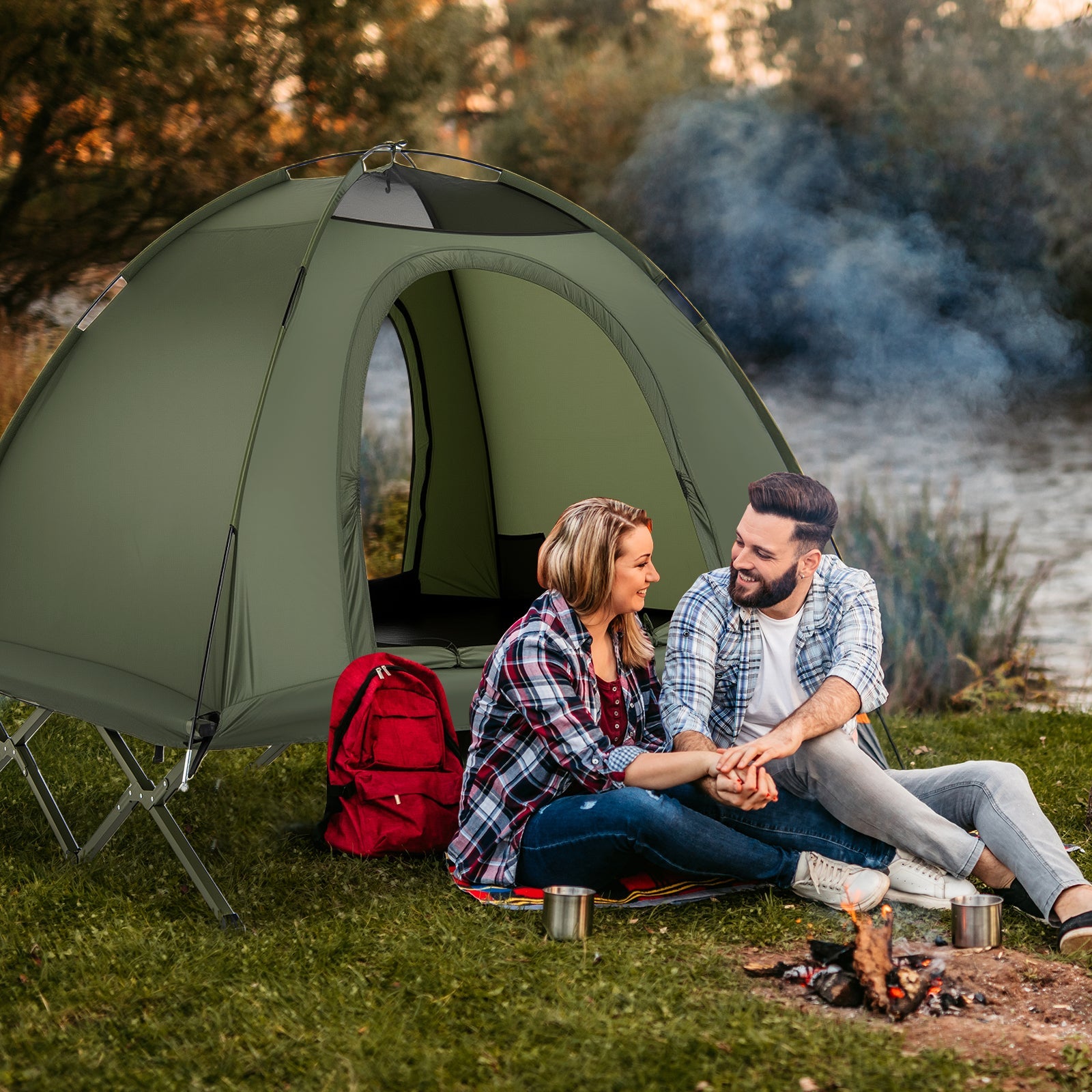GemGear 2-person camping cot tent, green foldable off-ground camping combo for adults on Tampa Home & Garden Store