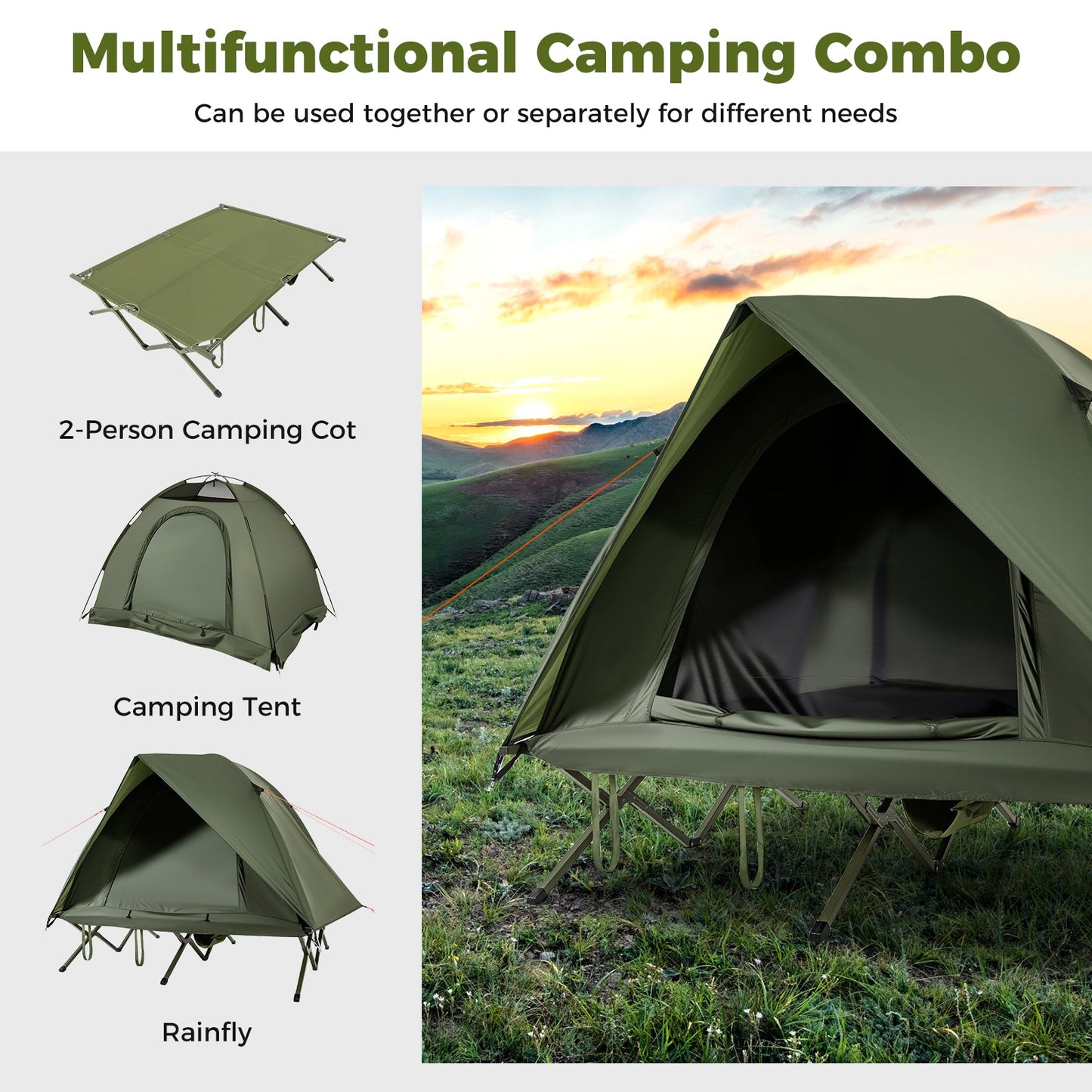 2-Person Camping Cot Tent bundle in green by GemGear with rainfly 3pc on Tampa Home & Garden Store