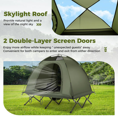 GemGear 2-person camping cot tent, foldable off-ground design in olive green on grassy field on Tampa Home & Garden Store