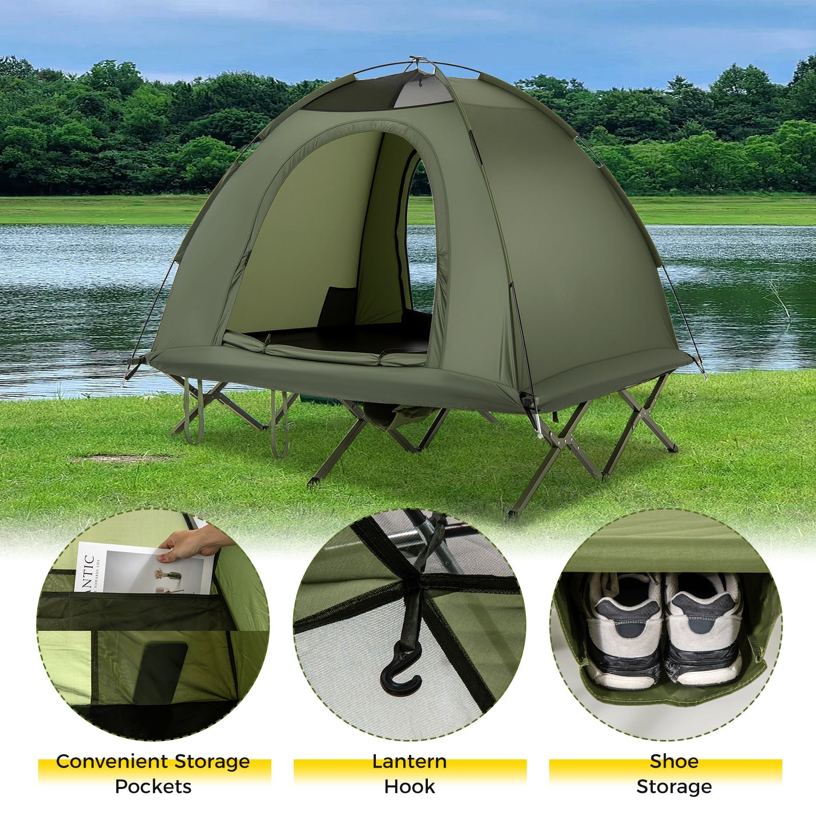 2-Person Camping Cot Tent GemGear Foldable Off-Ground Olive Green with elevated steel frame on Tampa Home & Garden Store