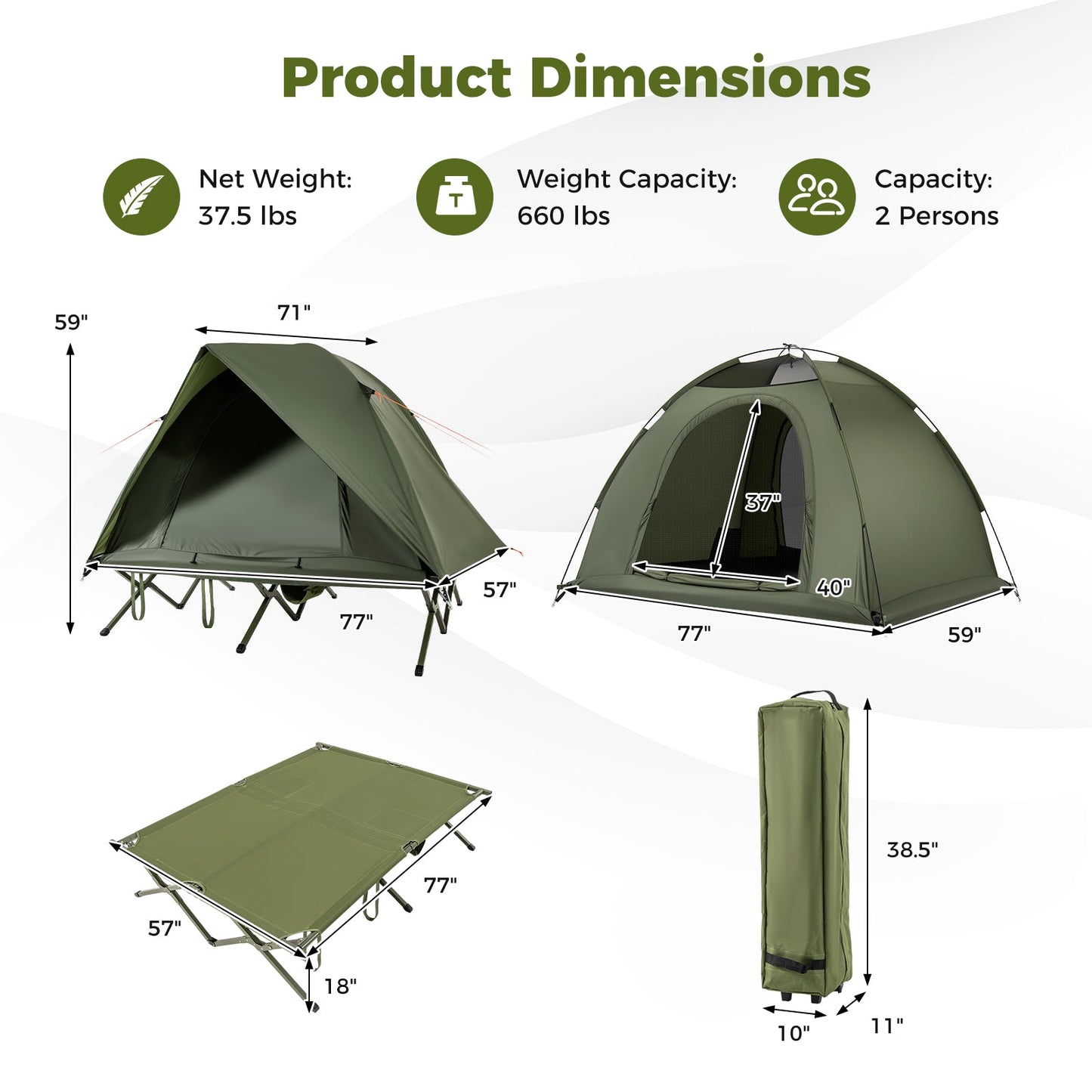 GemGear 2-Person camping cot and tent 2-piece foldable off-ground camping combo in green on Tampa Home & Garden Store