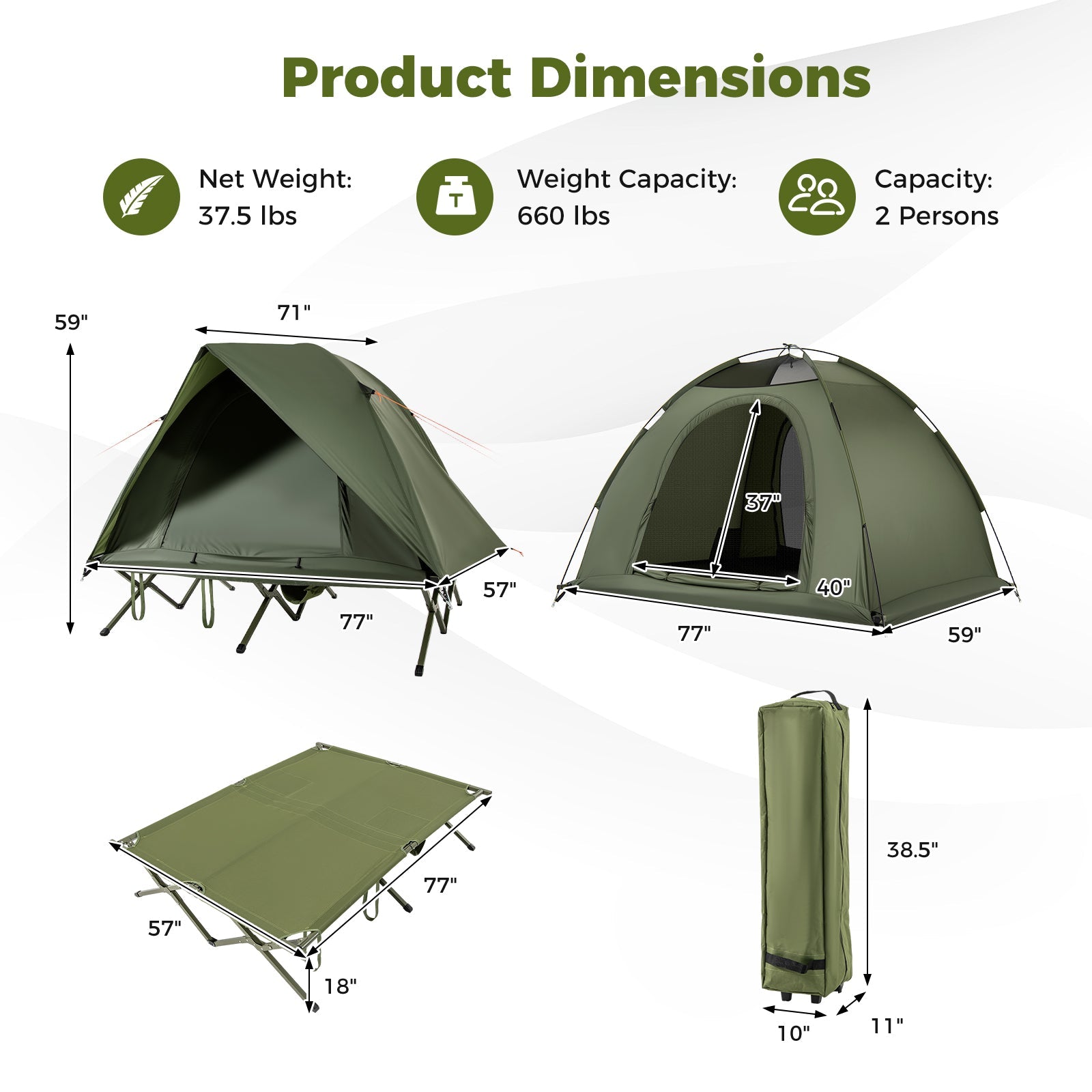GemGear 2-Person camping cot and tent 2-piece foldable off-ground camping combo in green on Tampa Home & Garden Store
