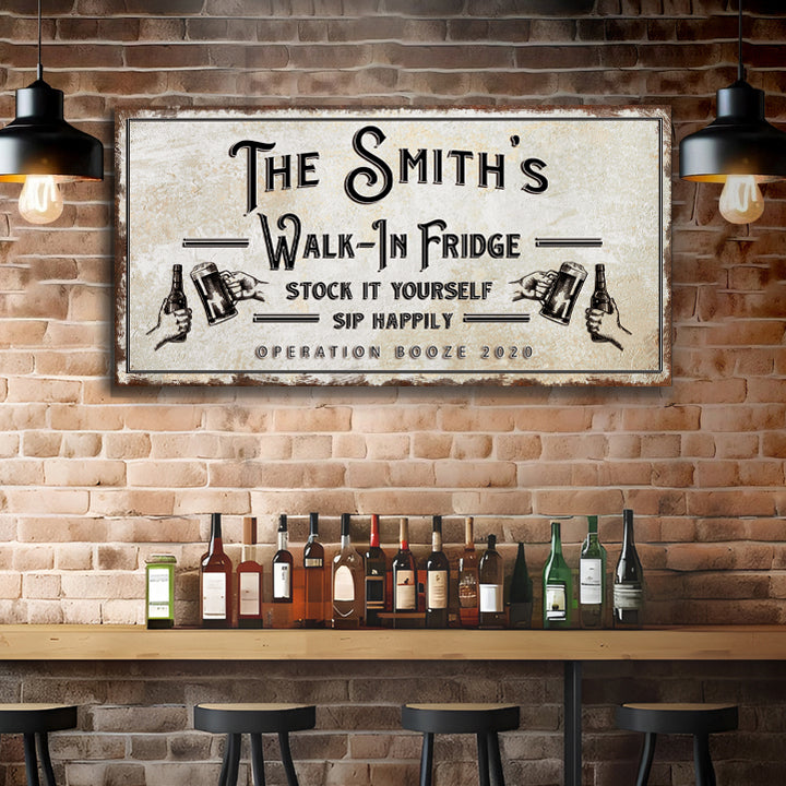 Canvas Walk-In Fridge Bar Sign by Tailored Canvases, brick decor with liquor bottles on Tampa Home & Garden Store