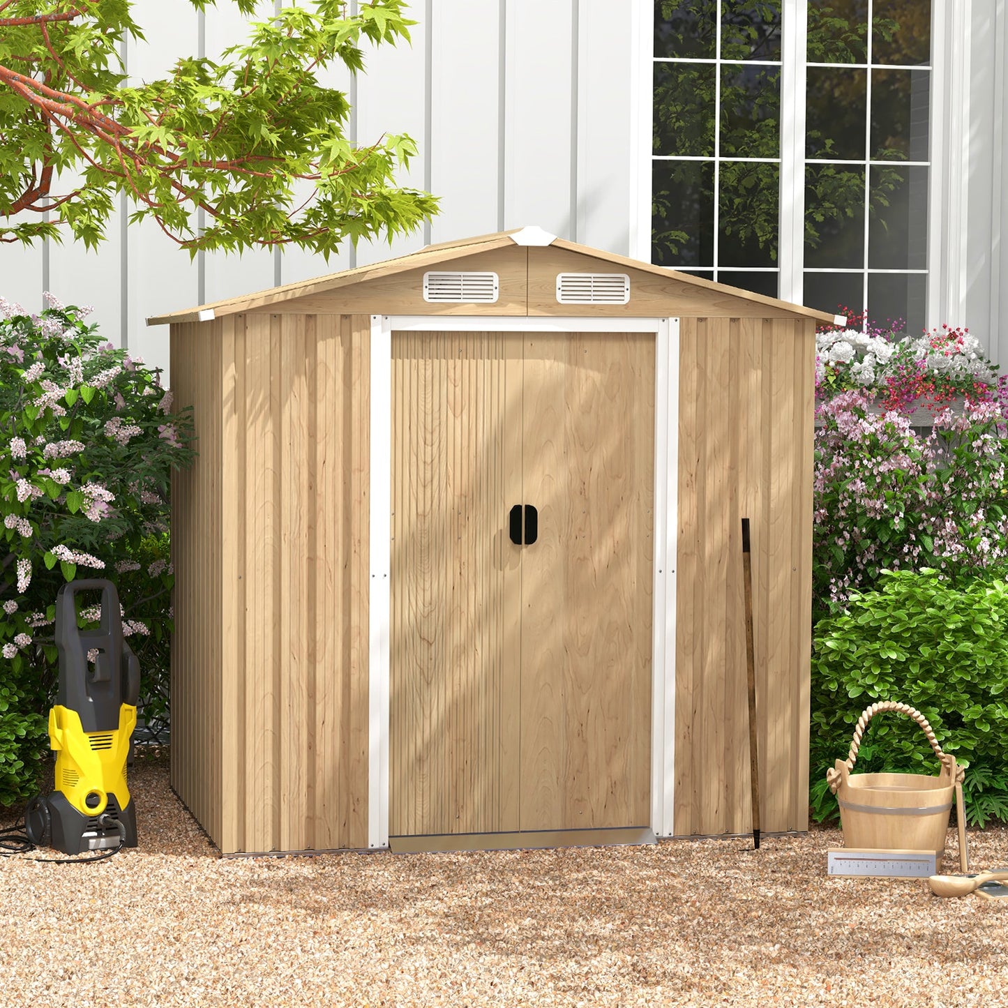 Casetas de almacenamiento de acero galvanizado de 6 x 4 pies con puertas correderas con cerradura - Natural