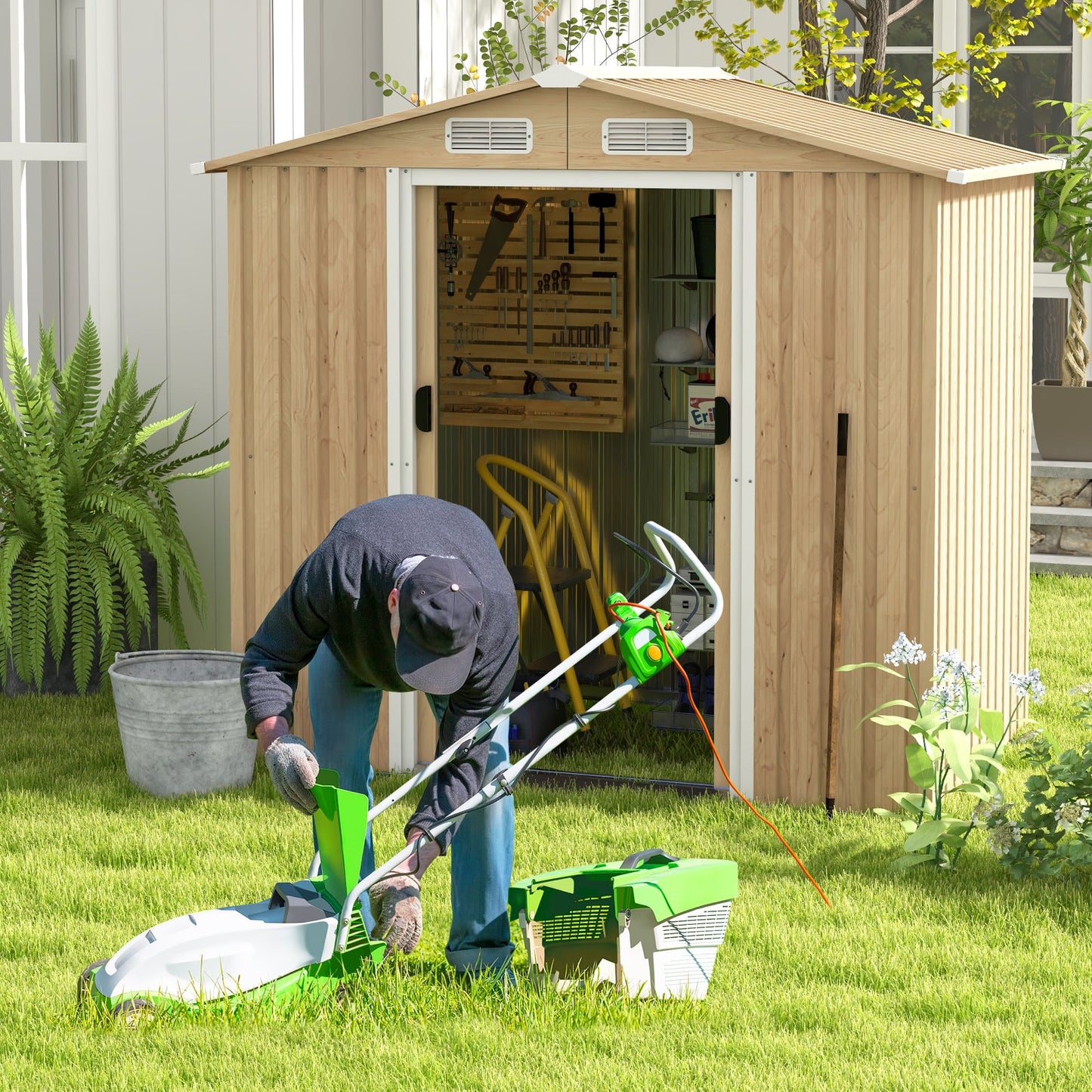 Casetas de almacenamiento de acero galvanizado de 6 x 4 pies con puertas correderas con cerradura - Natural