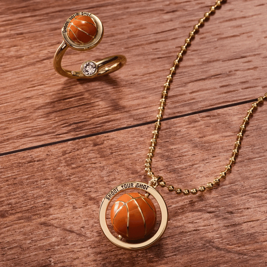 ALEX AND ANI gold Basketball Spinner Pendant necklace with orange enamel ball and crystal accent on Tampa Home & Garden Store