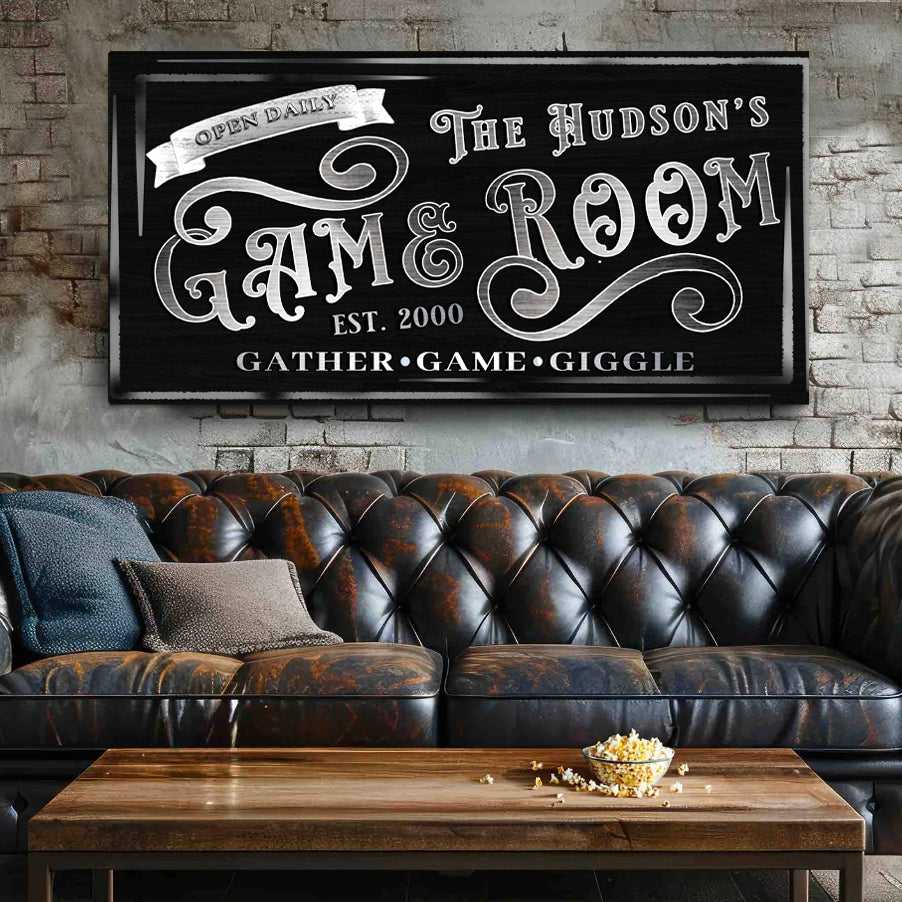 Personalized Game Room Sign II canvas chalkboard art with lettering above a leather sofa on Tampa Home & Garden Store