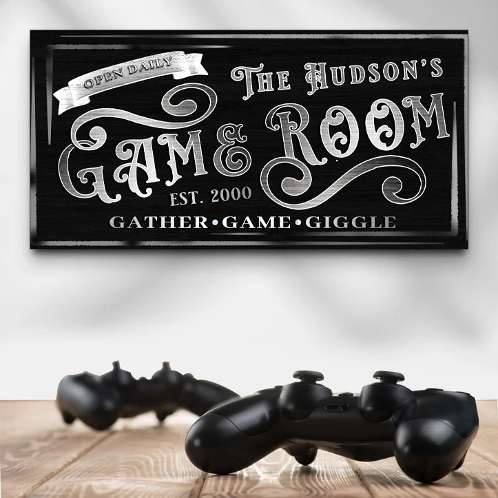Personalized Game Room Sign II canvas art with black chalkboard sign and 2 controllers on Tampa Home & Garden Store
