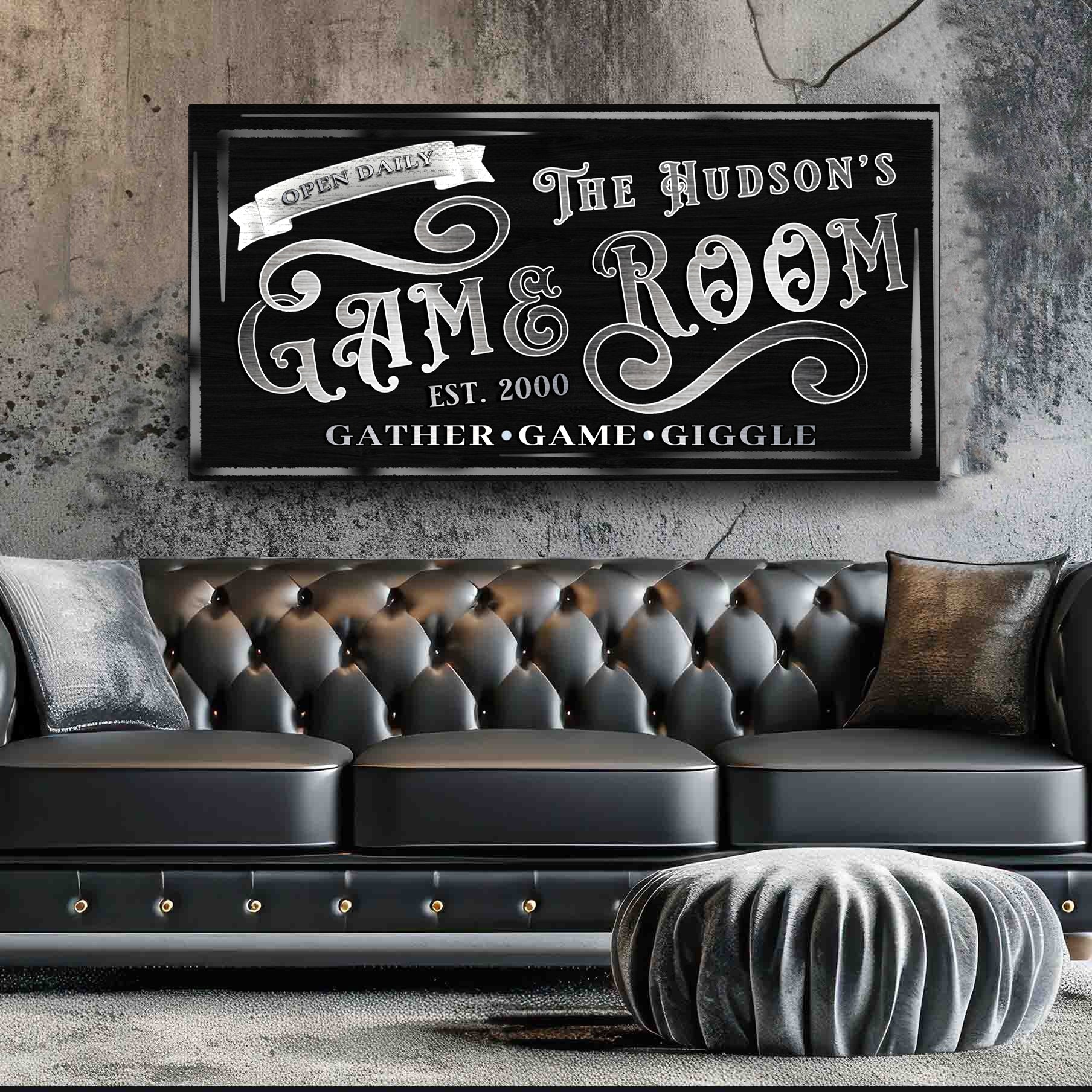 Personalized Game Room Sign II canvas wall art in black chalkboard style with ornate typography on Tampa Home & Garden Store