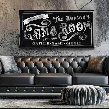 Personalized Game Room Sign II canvas wall art in black chalkboard style with ornate typography on Tampa Home & Garden Store