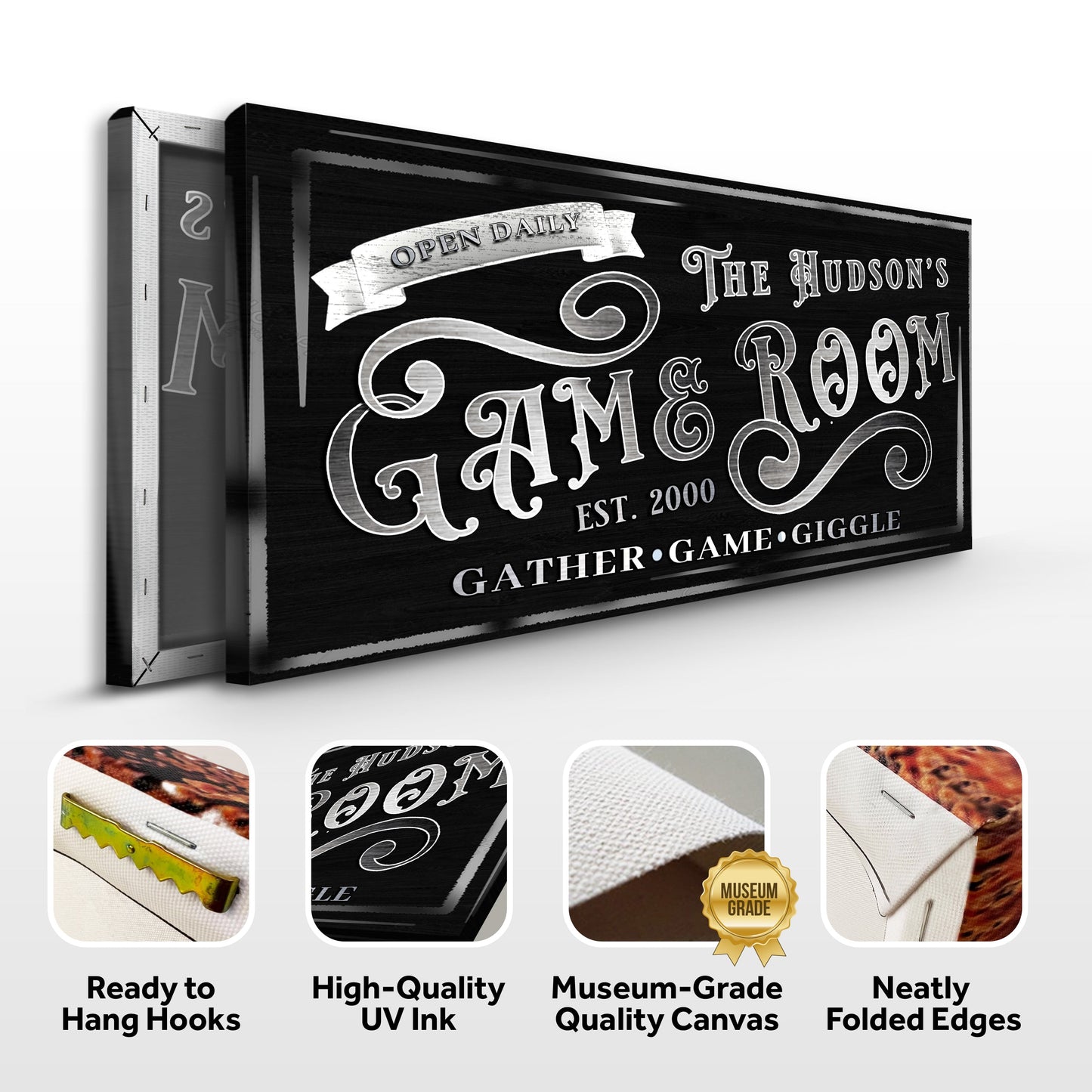 Personalized Game Room Sign II canvas Tailored Canvases; black wood ornate typography Open Daily on Tampa Home & Garden Store