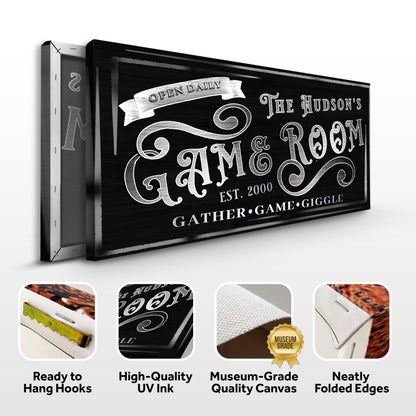 Personalized Game Room Sign II canvas Tailored Canvases; black wood ornate typography Open Daily on Tampa Home & Garden Store