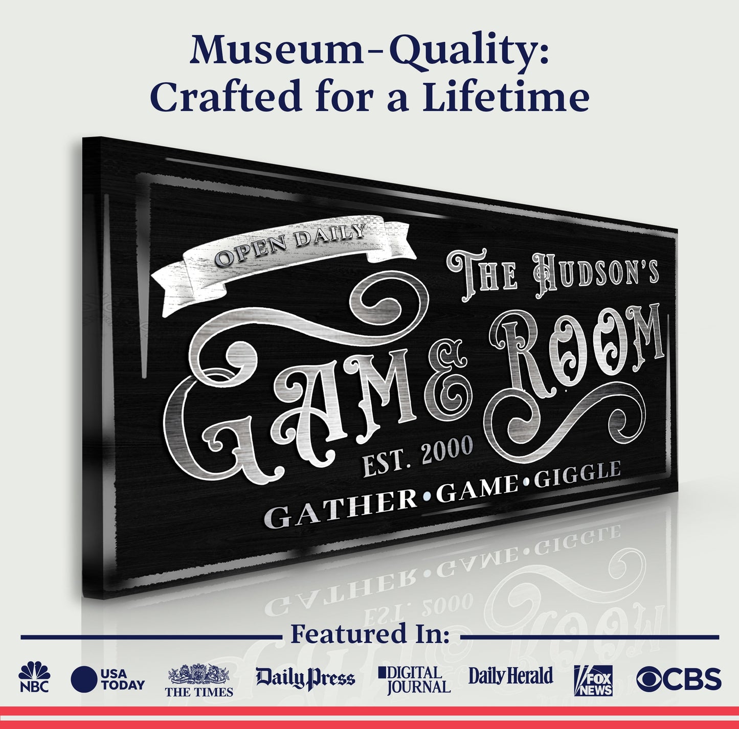 Canvas: Personalized Game Room Sign II by Tailored Canvases, black chalkboard with white script on Tampa Home & Garden Store