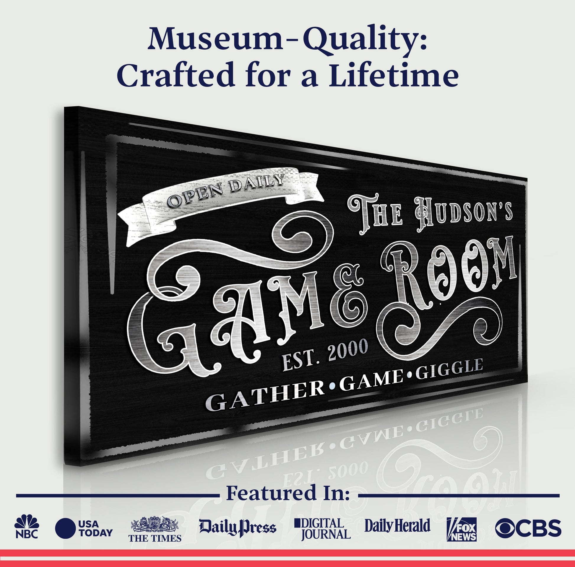 Canvas: Personalized Game Room Sign II by Tailored Canvases, black chalkboard with white script on Tampa Home & Garden Store