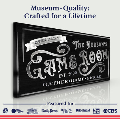 Canvas: Personalized Game Room Sign II by Tailored Canvases, black chalkboard with white script on Tampa Home & Garden Store