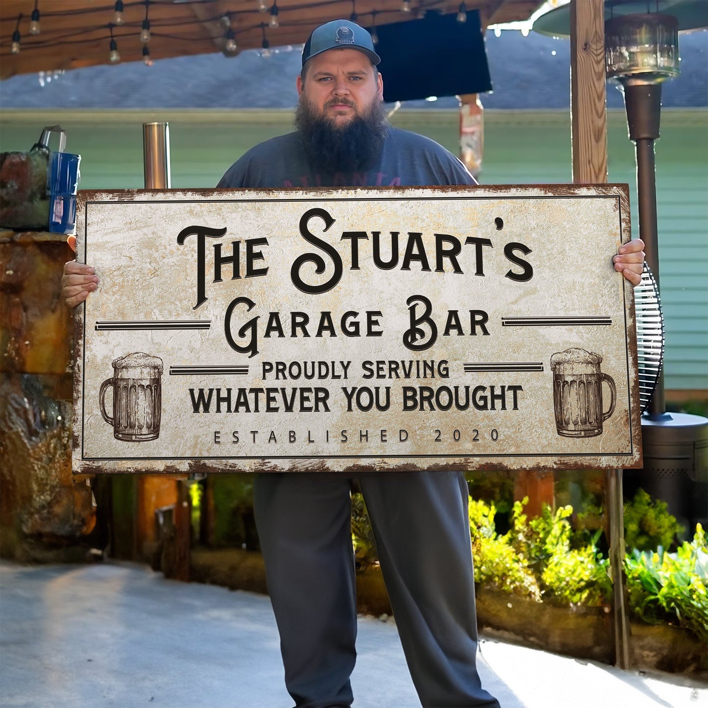 Garage Bar Sign canvas by Tailored Canvases, rustic distressed beige with black typography on Tampa Home & Garden Store