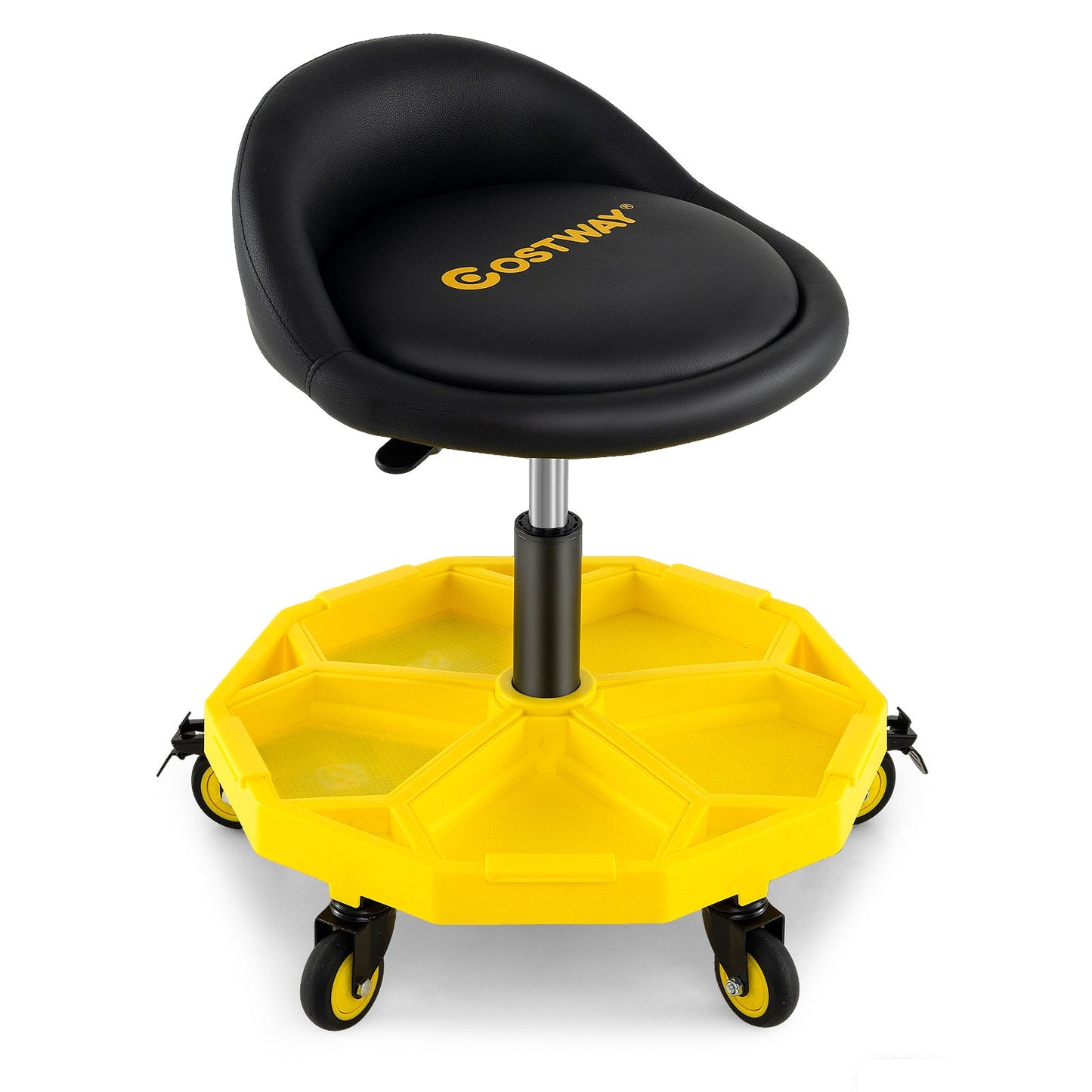 Taburete giratorio de garaje regulable en altura de 20 a 25 pulgadas con bandeja para herramientas – Amarillo