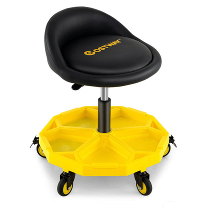 Taburete giratorio de garaje regulable en altura de 20 a 25 pulgadas con bandeja para herramientas – Amarillo