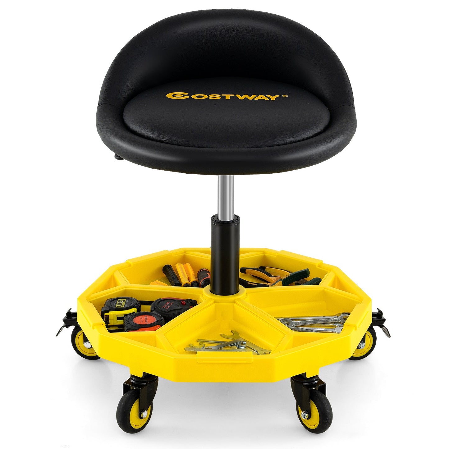 Taburete giratorio de garaje regulable en altura de 20 a 25 pulgadas con bandeja para herramientas – Amarillo