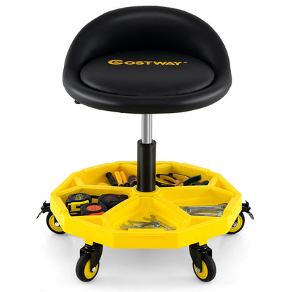 Taburete giratorio de garaje regulable en altura de 20 a 25 pulgadas con bandeja para herramientas – Amarillo