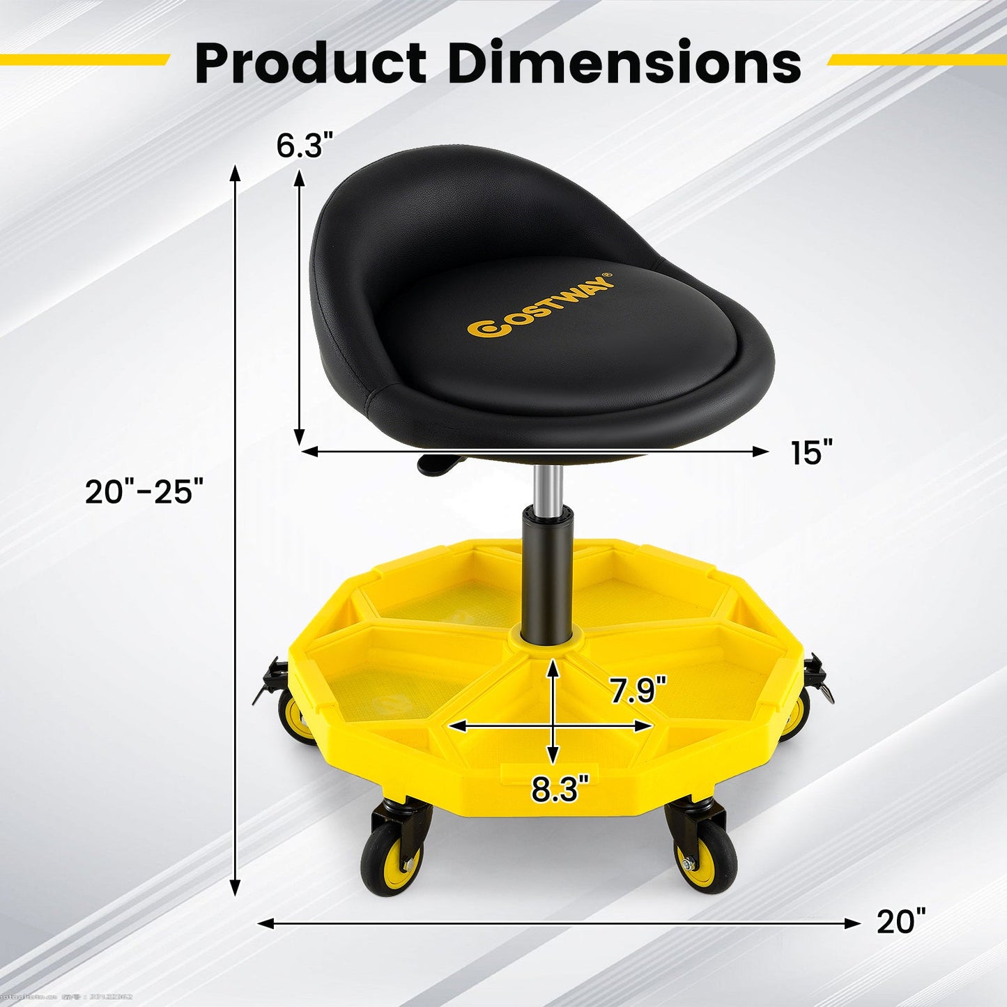 Taburete giratorio de garaje regulable en altura de 20 a 25 pulgadas con bandeja para herramientas – Amarillo