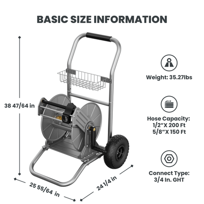 Garden Hose Reel Cart-2 Wheels-Stainless Steel-Heavy Duty - Tampa Home & Garden Store