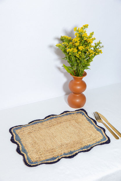 Garden Party placemats with Blue Edges, Handmade Woven Rectangular Table Mats, Natural raffia boho Placemat for Dining Table - Tampa Home & Garden Store