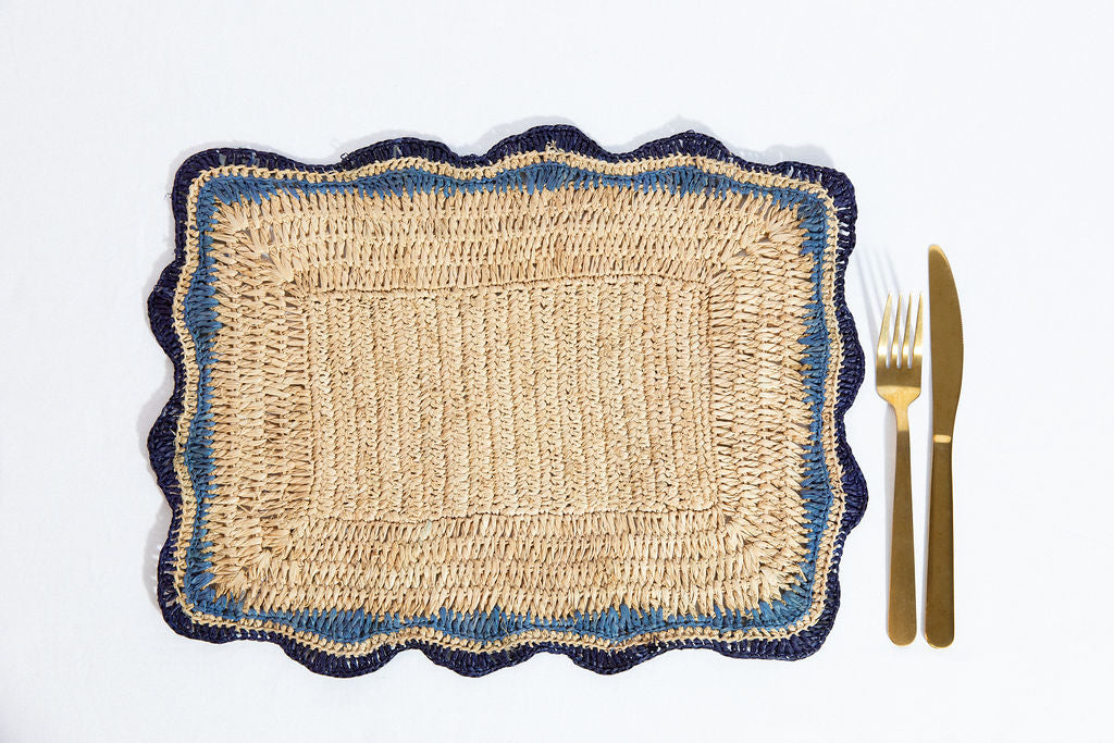 Garden Party placemats with Blue Edges, Handmade Woven Rectangular Table Mats, Natural raffia boho Placemat for Dining Table - Tampa Home & Garden Store