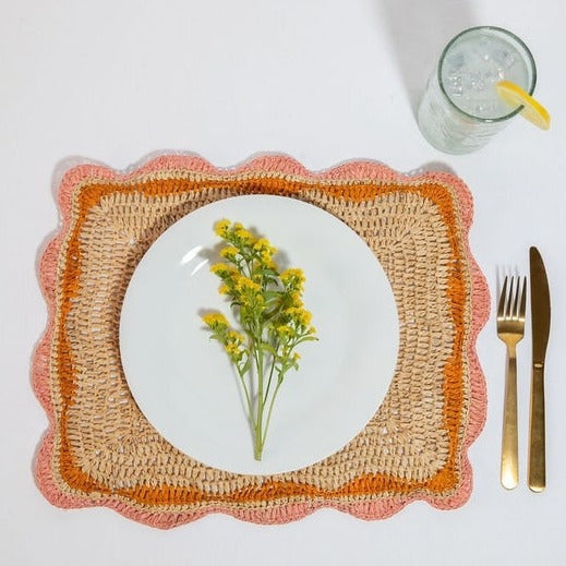 Garden Party placemats with Pink and Orange Edges, Hand Woven Rectangular Table Mat - Tampa Home & Garden Store