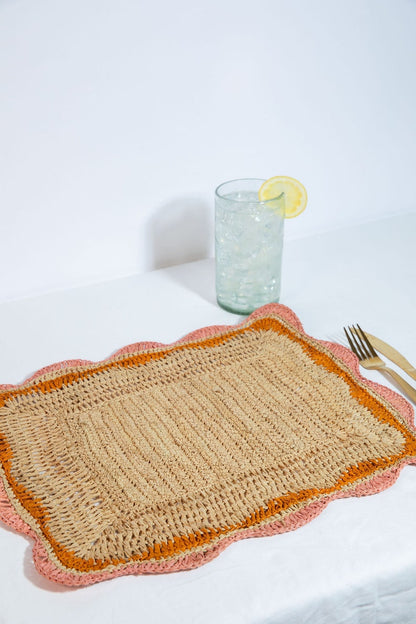 Garden Party placemats with Pink and Orange Edges, Hand Woven Rectangular Table Mat - Tampa Home & Garden Store
