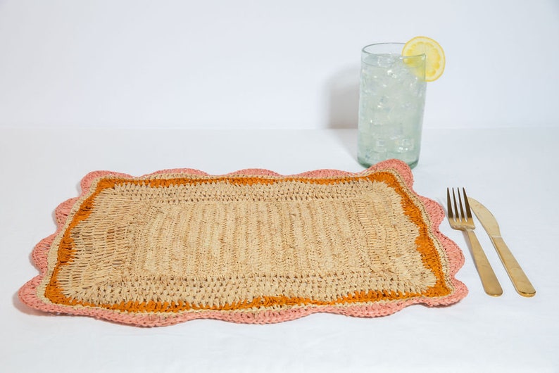 Garden Party placemats with Pink and Orange Edges, Hand Woven Rectangular Table Mat - Tampa Home & Garden Store