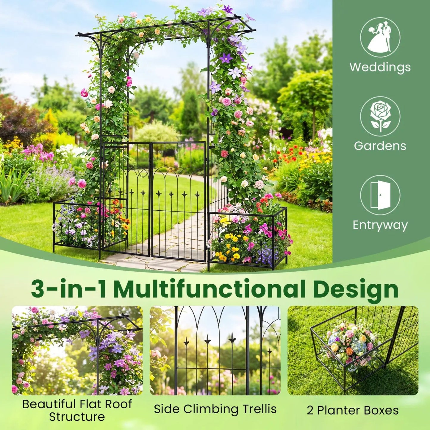 Garden Arbor with Gate and Planter Boxes