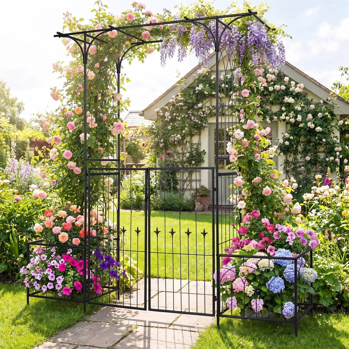 Garden Arbor with Gate and Planter Boxes