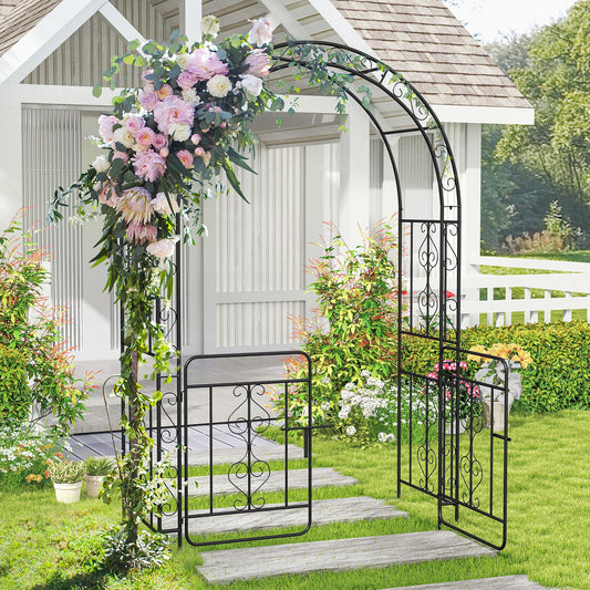 Garden Arbor with Gate with Multiple Side Crossbars and 4 Sharp Ground Stakes-Black - Tampa Home & Garden Store