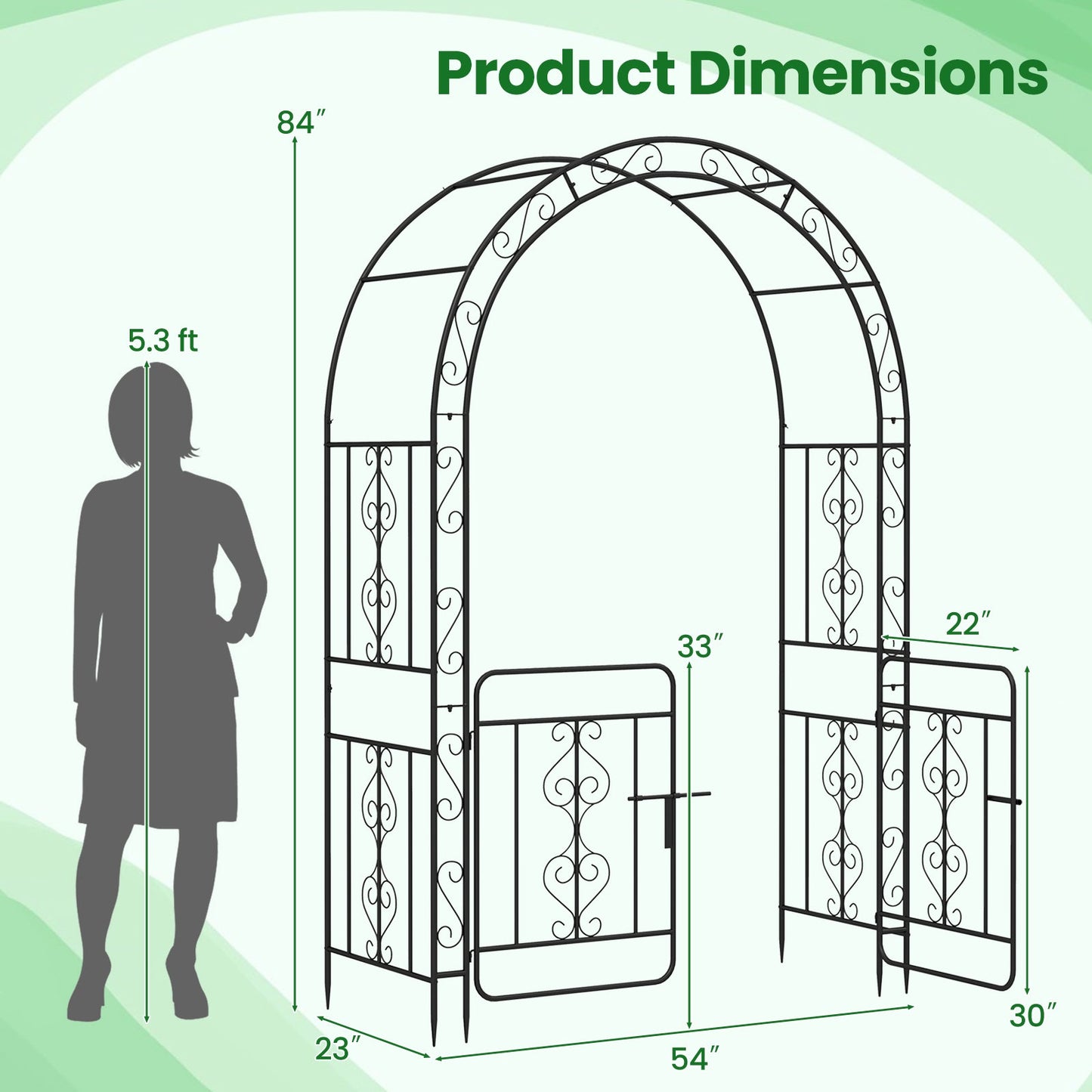 Garden Arbor with Gate with Multiple Side Crossbars and 4 Sharp Ground Stakes-Black